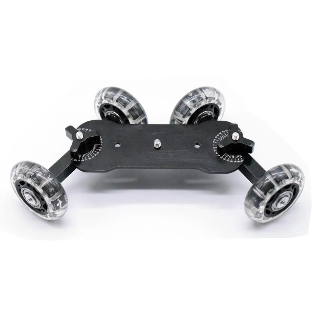 Blue dolly slider camera pulley car with solid aluminium floor, dual bearing rubber wheels, and 11inch arm on a desktop
