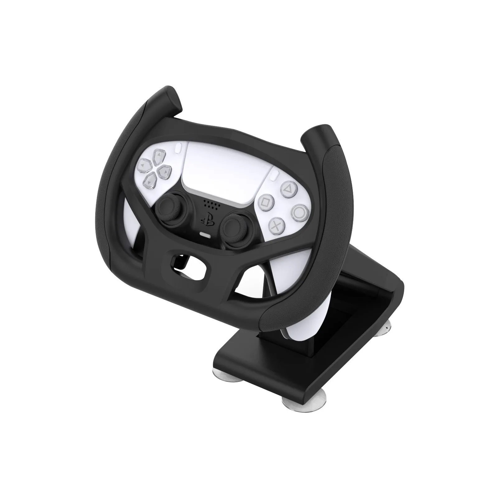 Black ABS plastic gamepad steering wheel bracket with a suction cup mount for mobile phones.