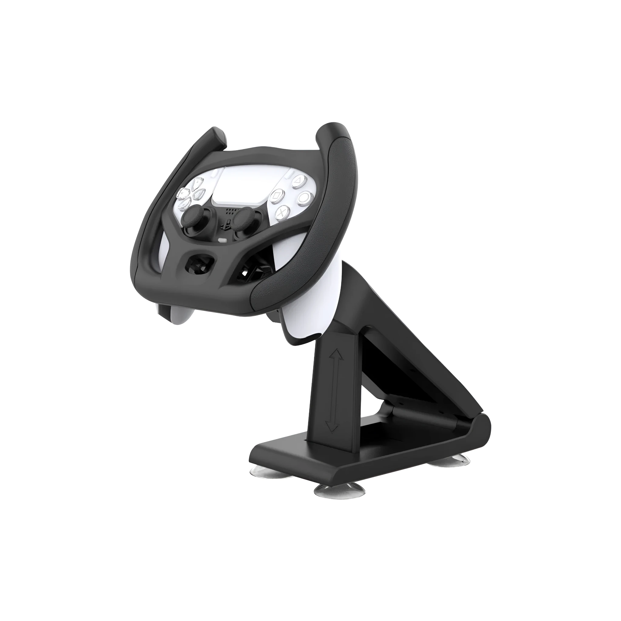 Black ABS plastic gamepad steering wheel bracket with a suction cup mount for mobile phones.