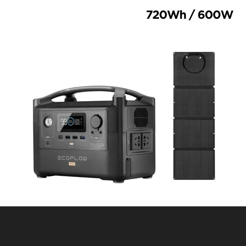 Rui Pro 720Wh portable power station with multiple output ports on a wooden table outdoors.
