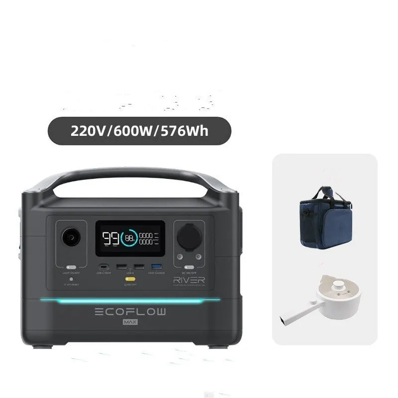 Rui Pro 720Wh portable power station with multiple output ports on a wooden table outdoors.