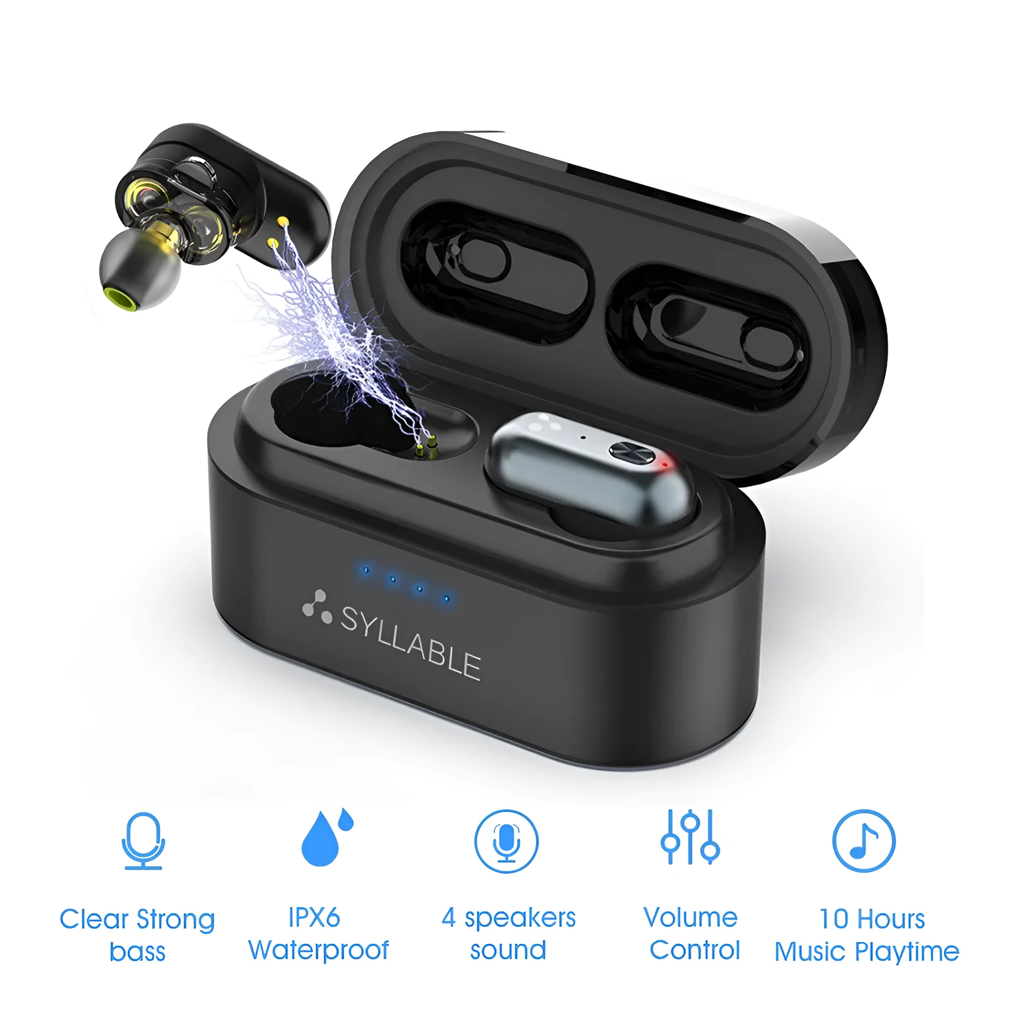 SYLLABLE S101 black Bluetooth earphones with charging case and earbuds