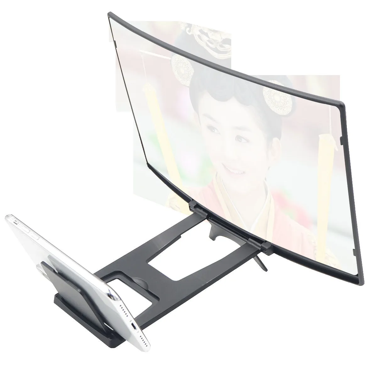 Curved 14 inch black mobile phone screen magnifier on desktop with smartphone inside