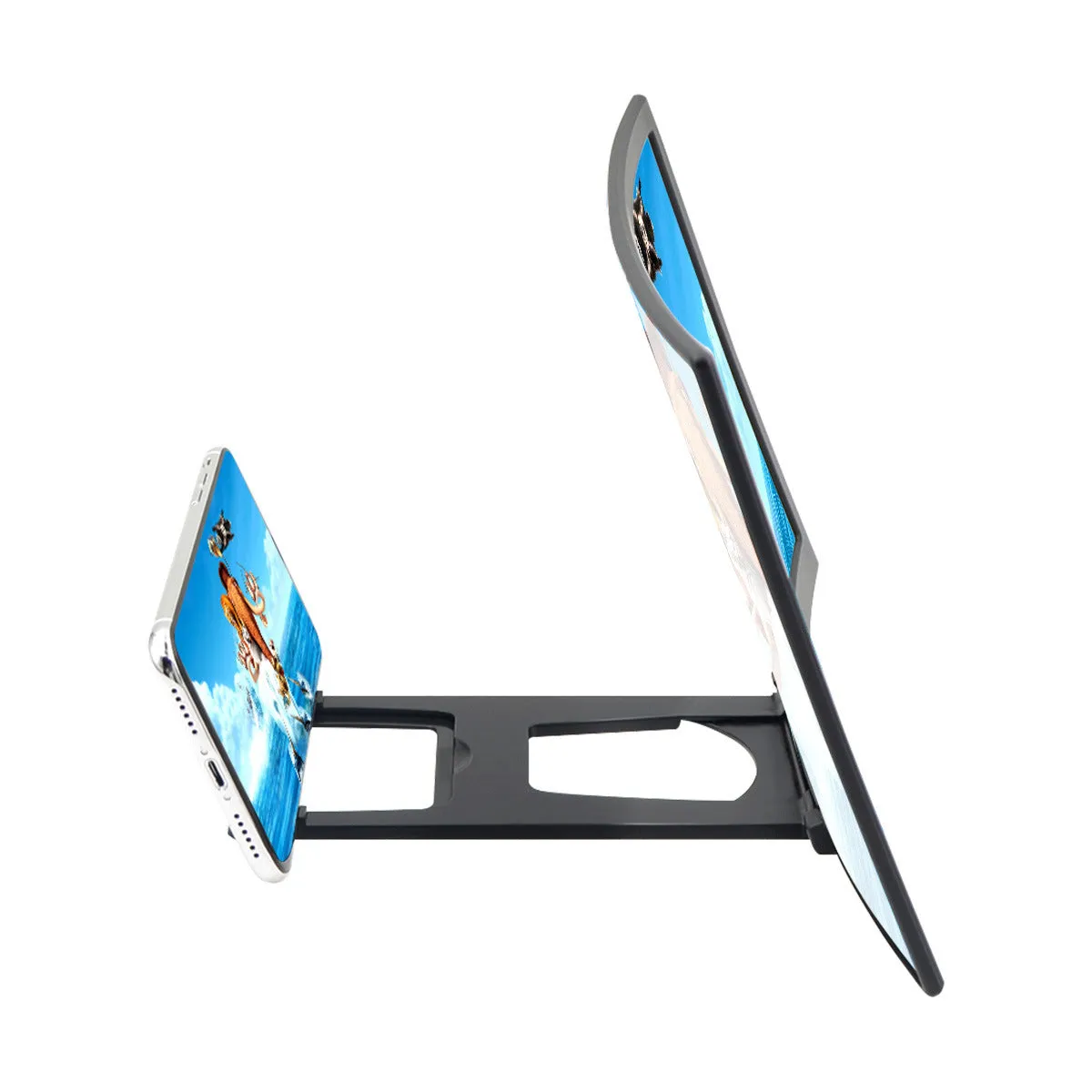 Curved 14 inch black mobile phone screen magnifier on desktop with smartphone inside