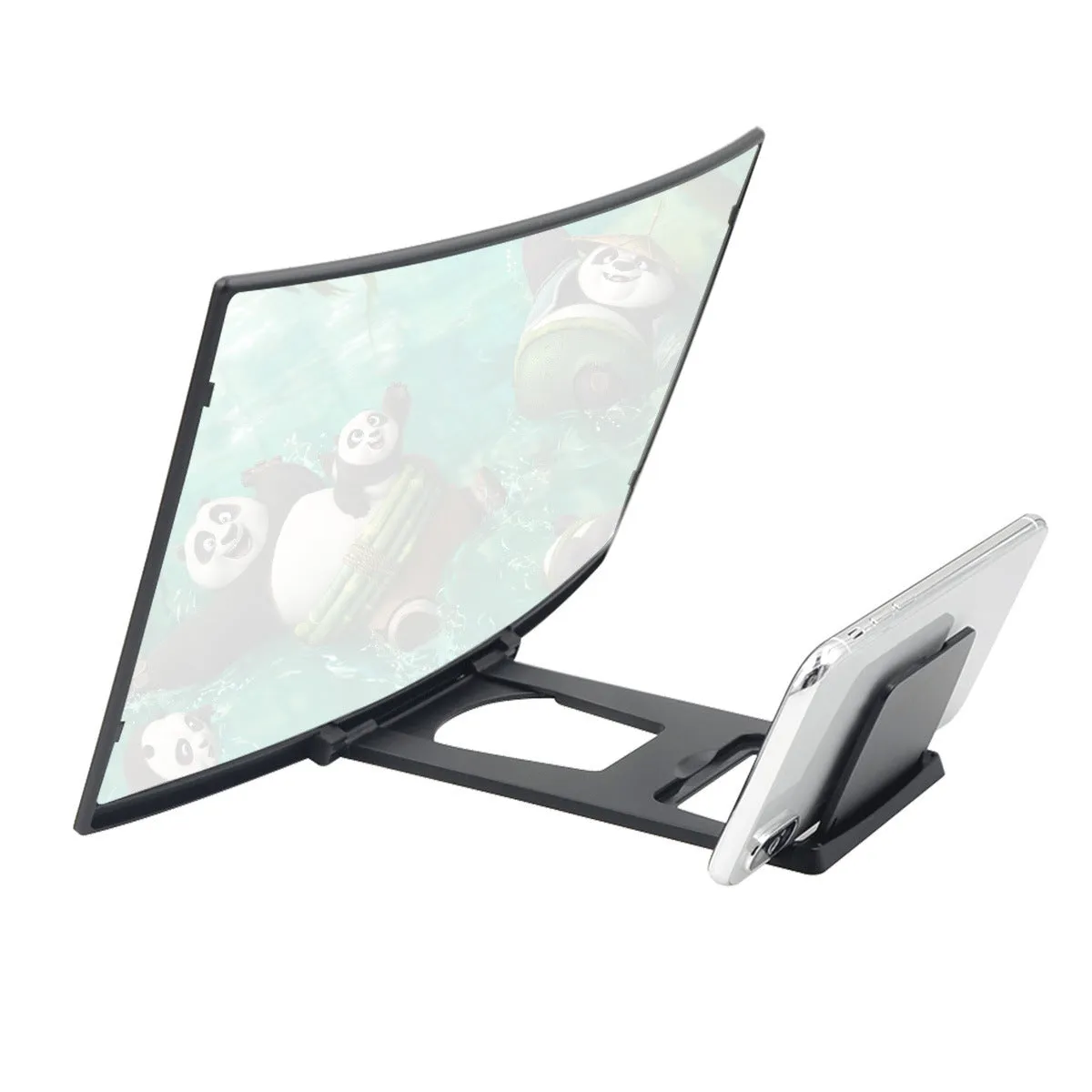 Curved 14 inch black mobile phone screen magnifier on desktop with smartphone inside