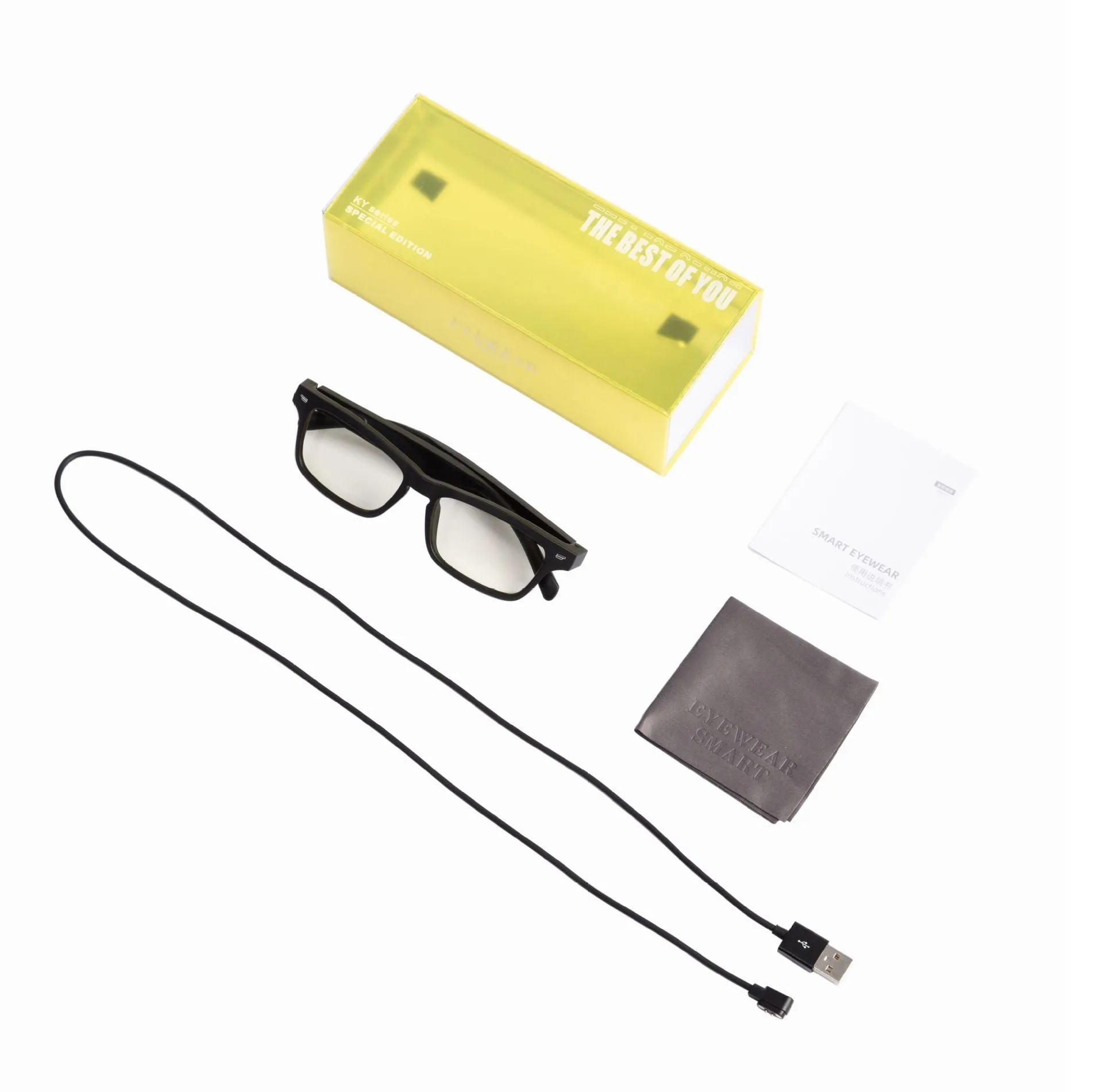 Semi-open Bluetooth smart glasses with PC+ABS frame on a glasses case.
