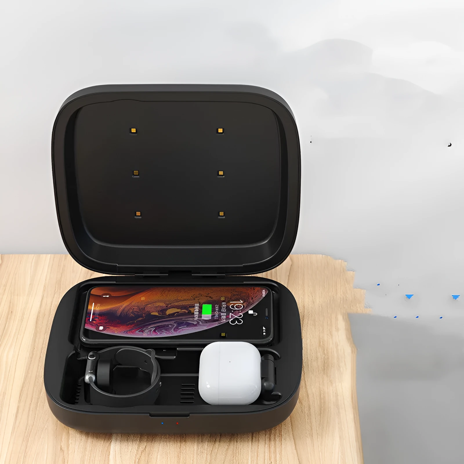 4 in 1 wireless charging and disinfection box for cell phones in black and white colour options with Micro USB input