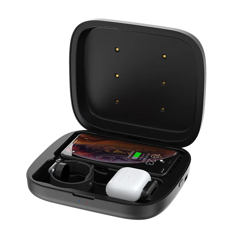 4 in 1 wireless charging and disinfection box for cell phones in black and white colour options with Micro USB input