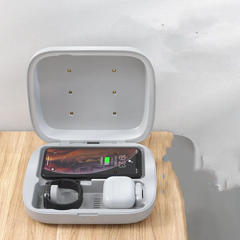 4 in 1 wireless charging and disinfection box for cell phones in black and white colour options with Micro USB input