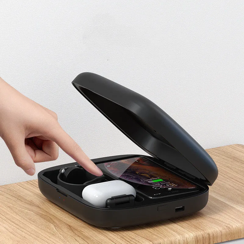 4 in 1 wireless charging and disinfection box for cell phones in black and white colour options with Micro USB input