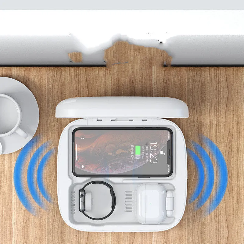 4 in 1 wireless charging and disinfection box for cell phones in black and white colour options with Micro USB input