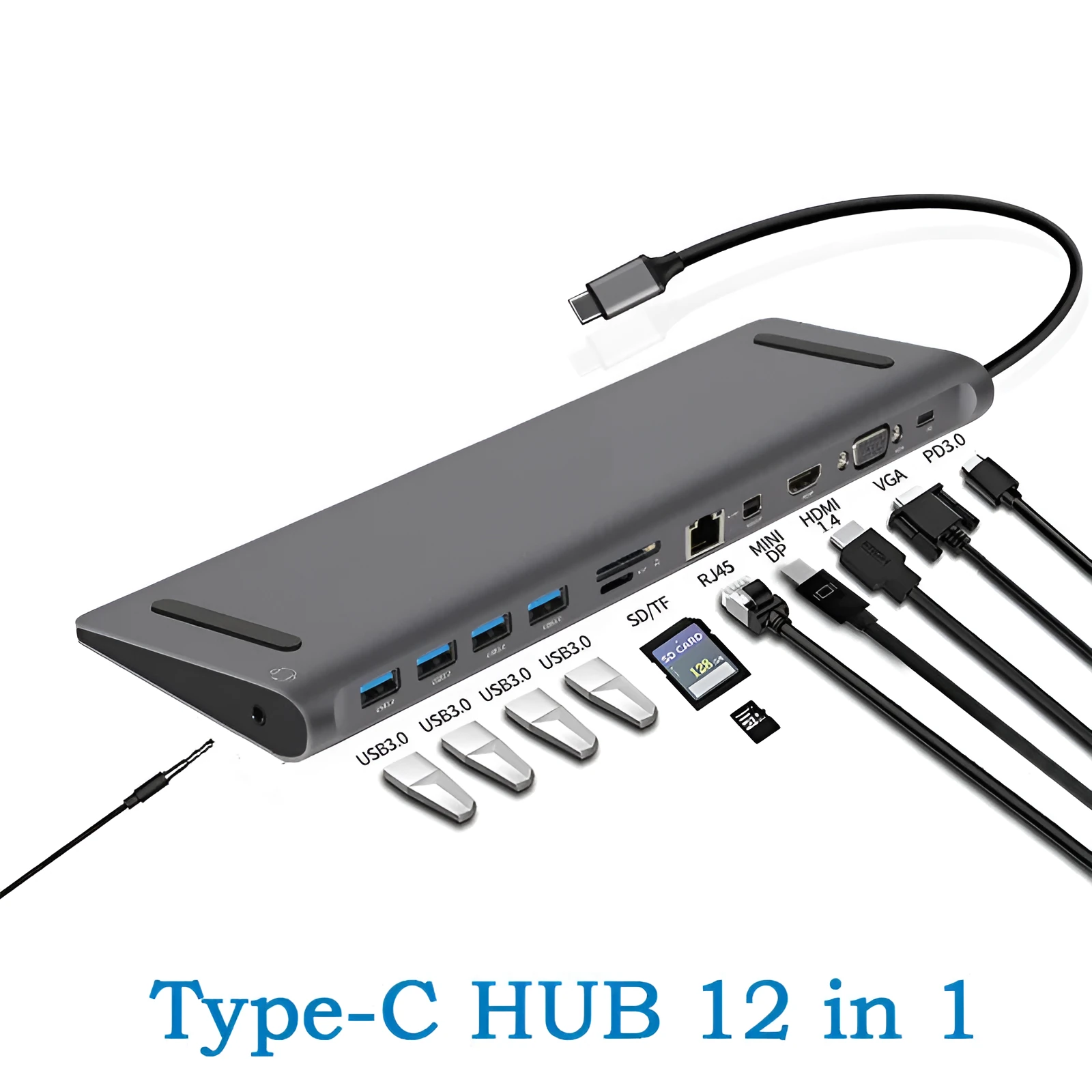 Grey aluminium alloy 12-in-1 Type-C hub with HDMI, VGA, USB 3.0, Ethernet, and PD ports on a desk