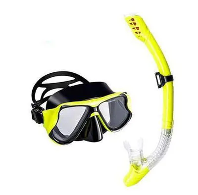Black diving goggles with clear anti-fog lens, polycarbonate frame, and blue silicone skirt on an adjustable strap.
