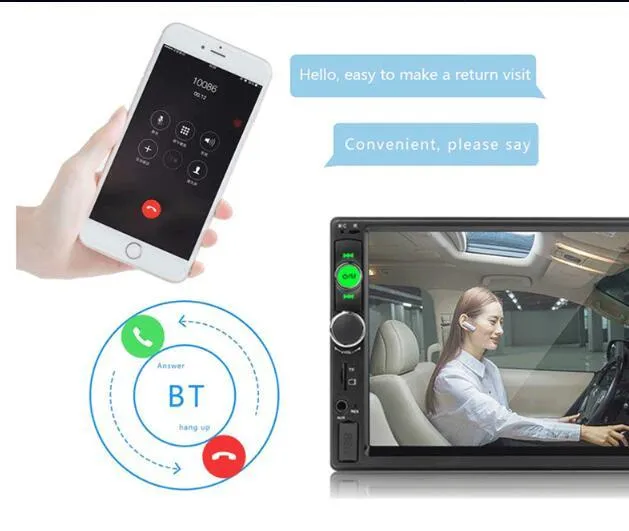 7-inch MP5 Bluetooth car monitor with HD touch screen, DVR system, and remote control in black