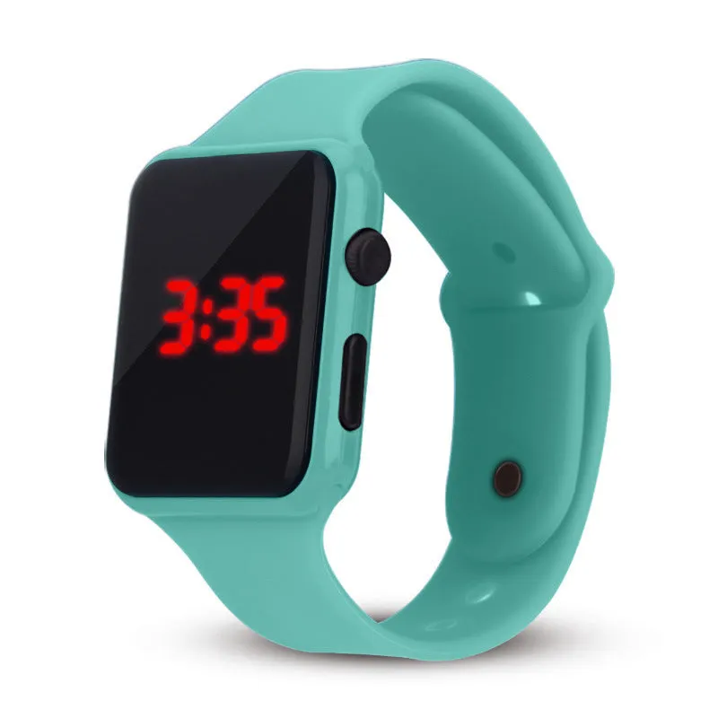 Square LED digital kids watch with luminous display in plastic case, available in multiple colours