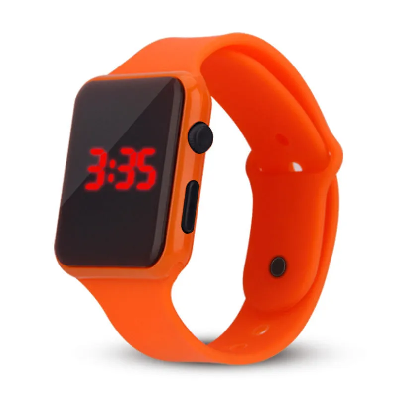 Square LED digital kids watch with luminous display in plastic case, available in multiple colours