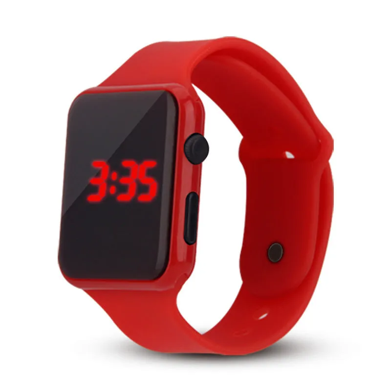 Square LED digital kids watch with luminous display in plastic case, available in multiple colours