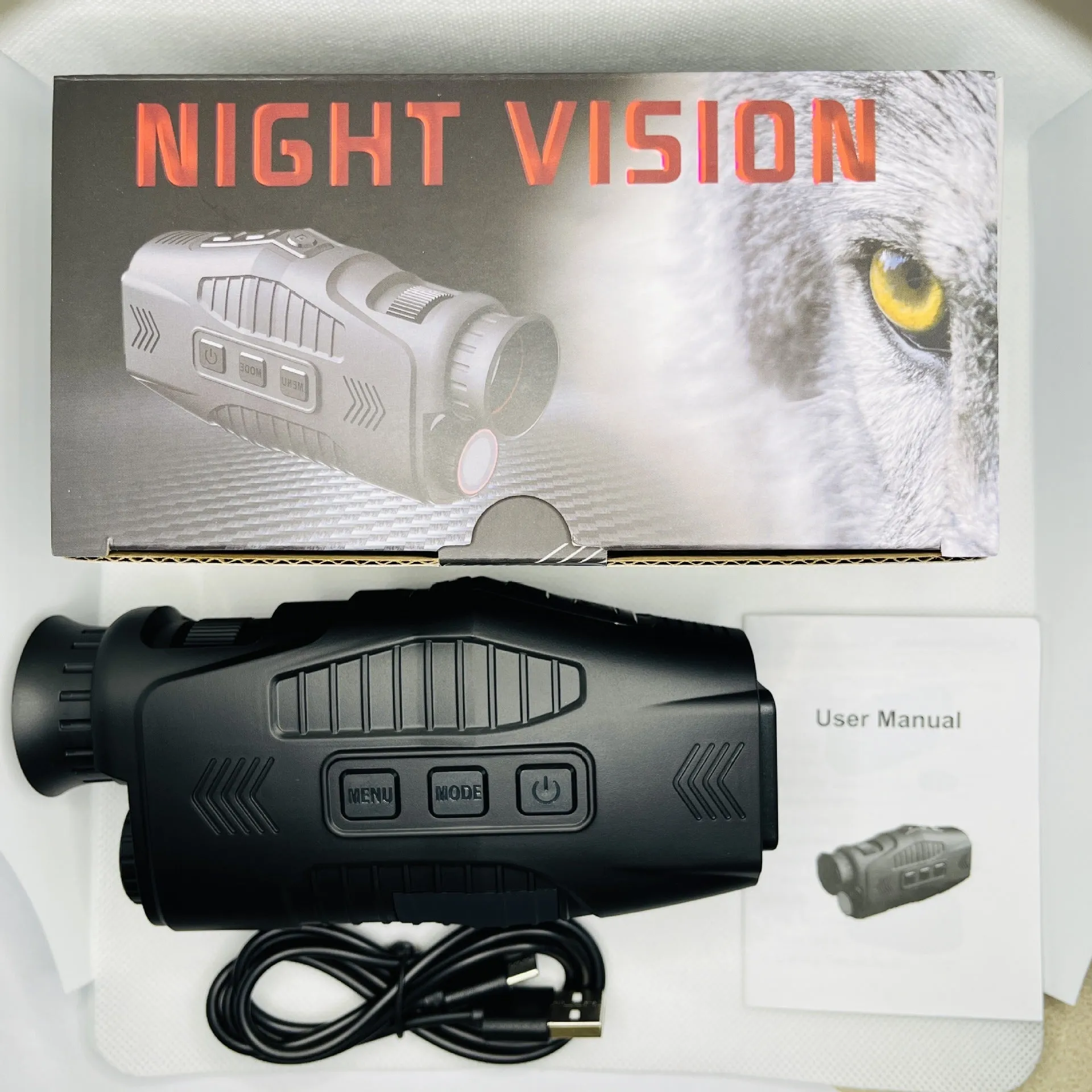 HD infrared night vision monocular with 1.54 inch display and 5X digital zoom on dark background