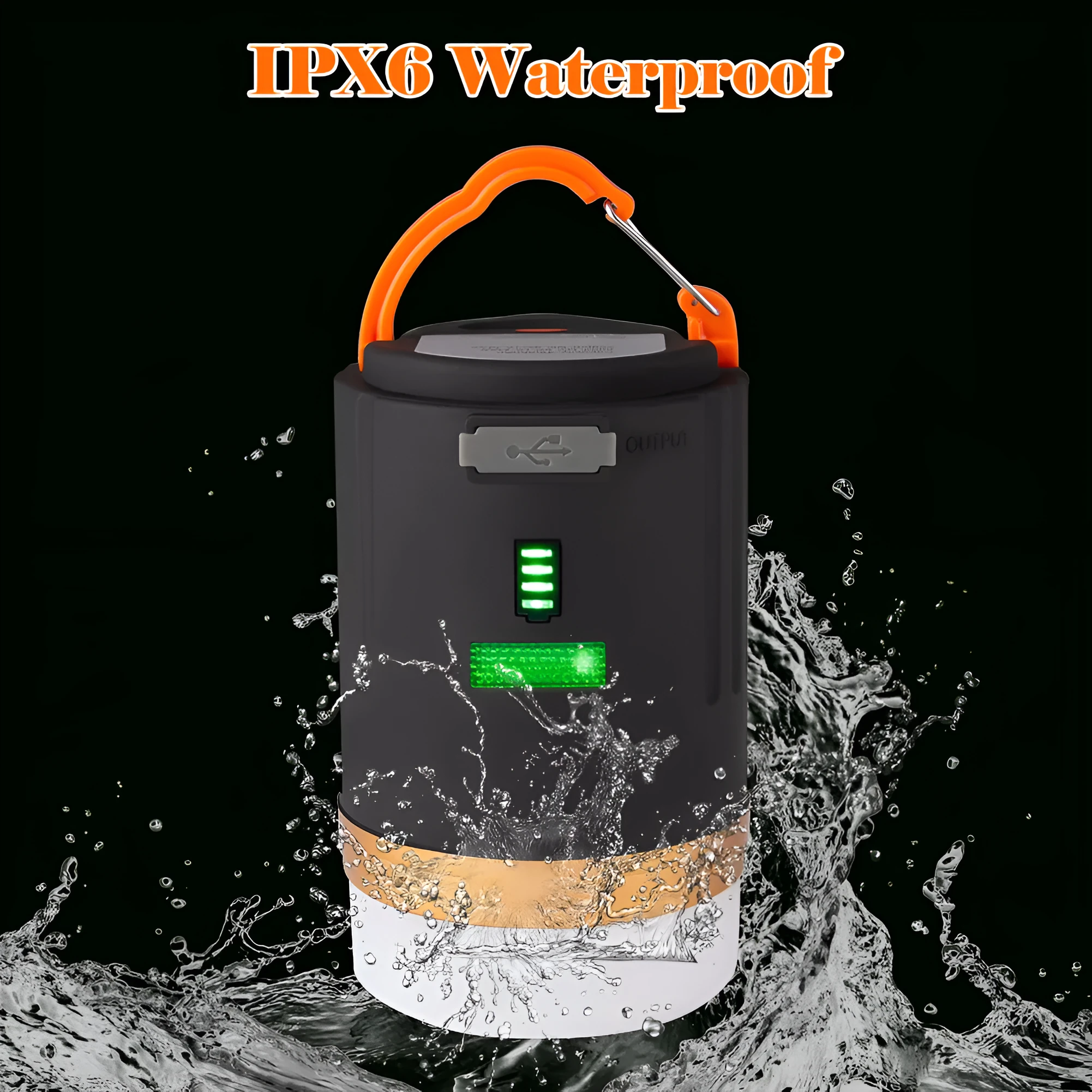 Black rechargeable LED camping light with hanging hook and remote control on a table