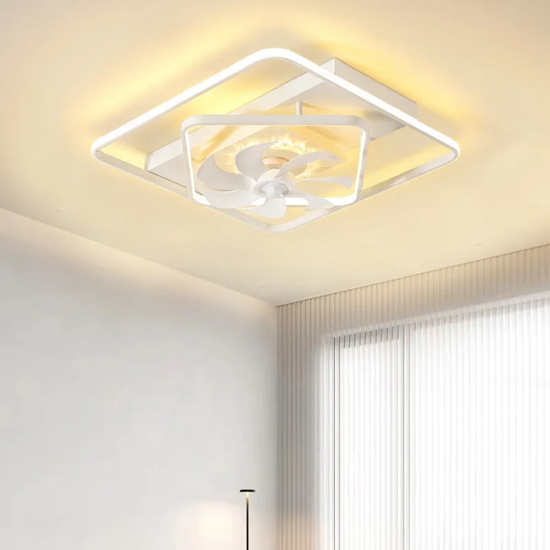Modern ceiling fan with integrated light fitting, plastic blades, acrylic lampshade, 1100x700mm size.