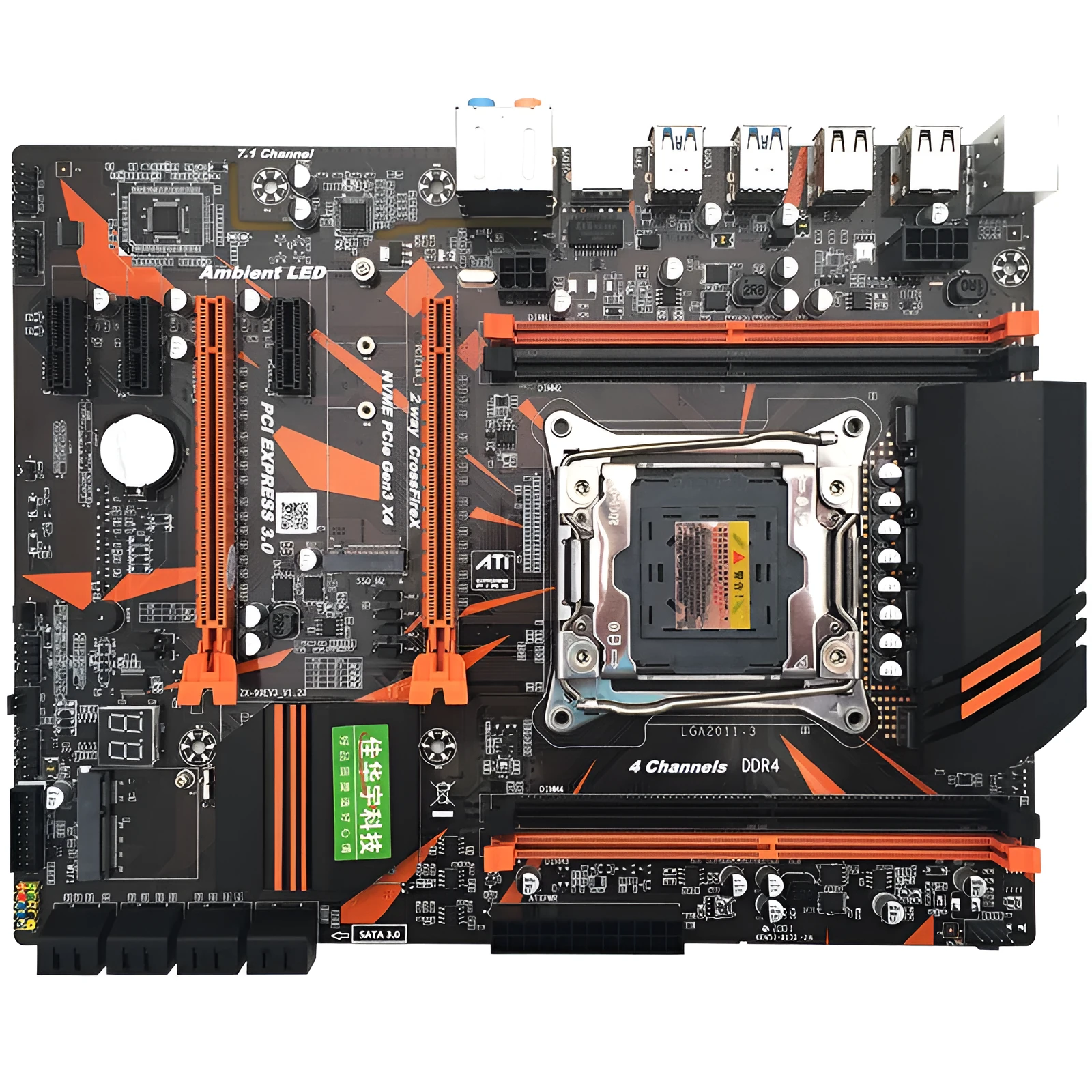Black X99 ATX motherboard with LGA2011-3 socket, four DDR4 slots, dual PCI-E x16 slots, and heat sinks.