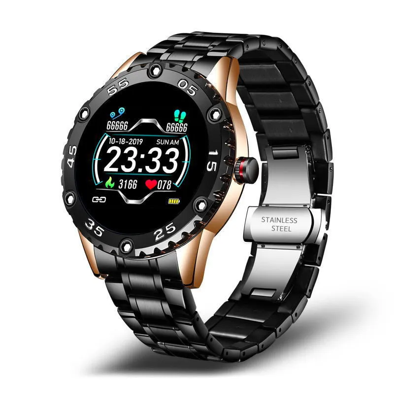 Multifunctional waterproof pedometer watch with stainless steel strap and number display in black