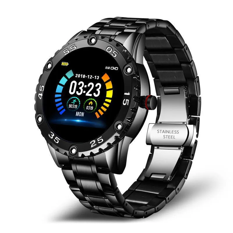 Multifunctional waterproof pedometer watch with stainless steel strap and number display in black