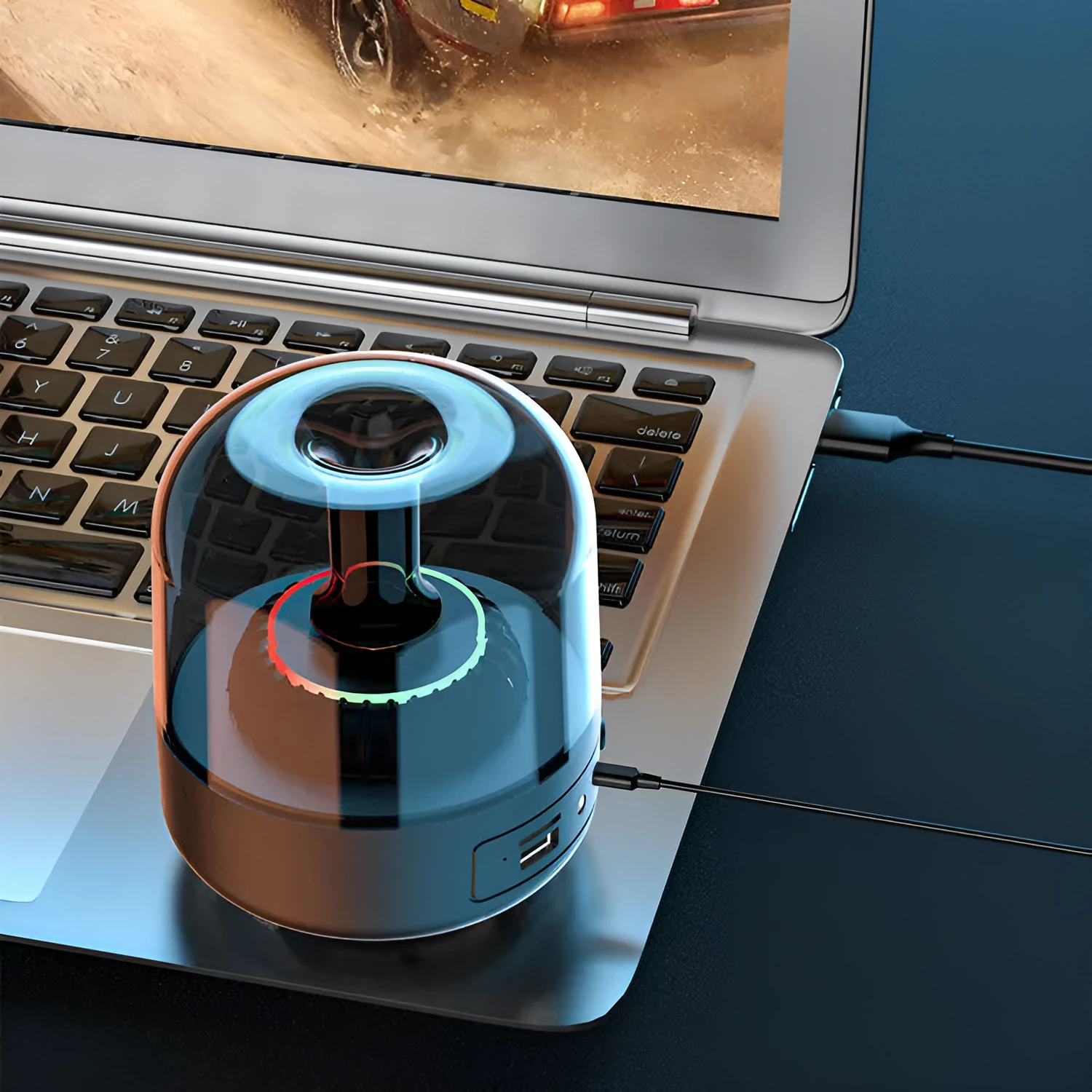 Blue Glass desktop mini Bluetooth speaker in black plastic finish with bass, USB interface, and press keys