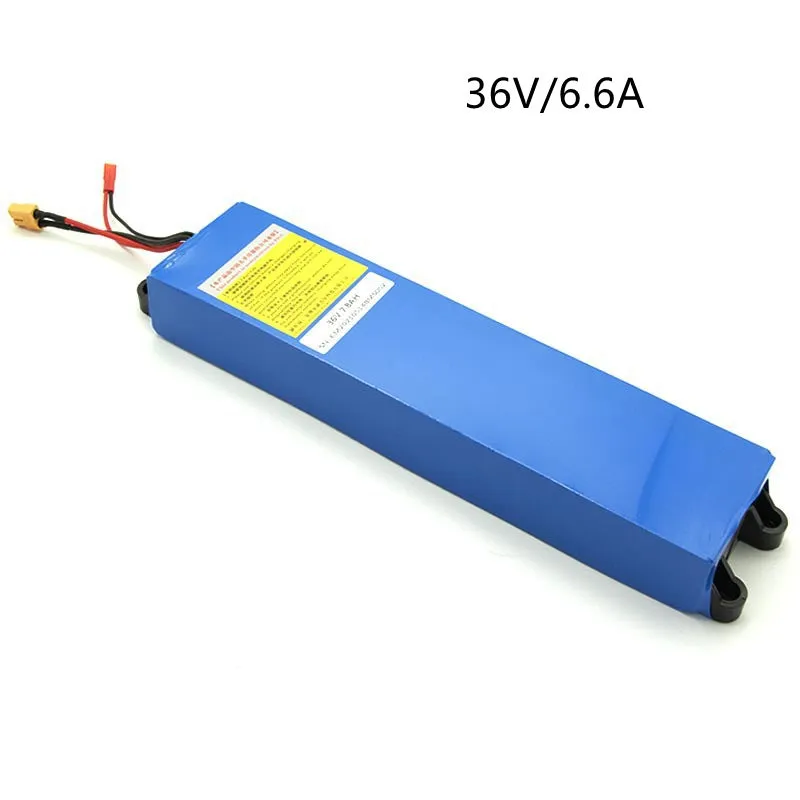 36V lithium-ion electric scooter battery pack showing three capacity options: 6.6Ah, 7.8Ah, and 10.4Ah