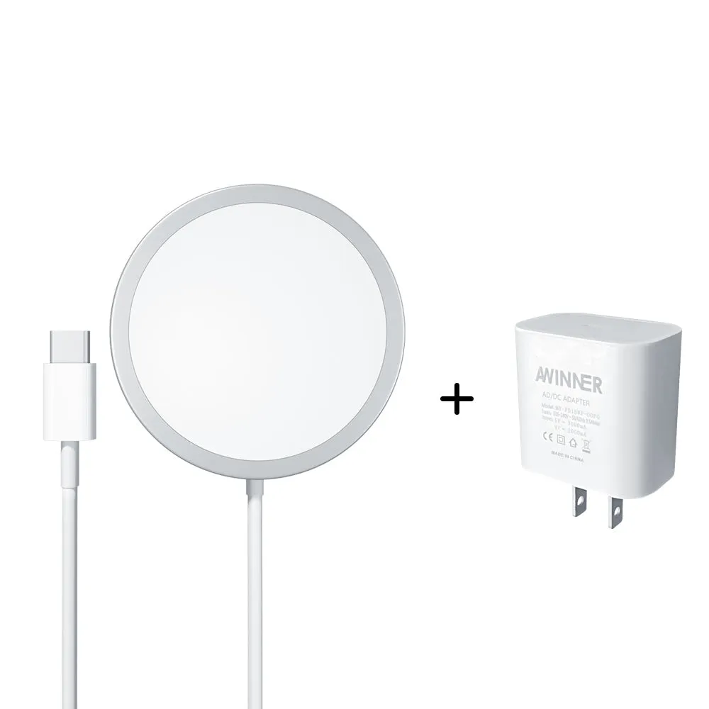 White metallic Magsafe wireless charger with pop-up window for iPhone 12-15 series