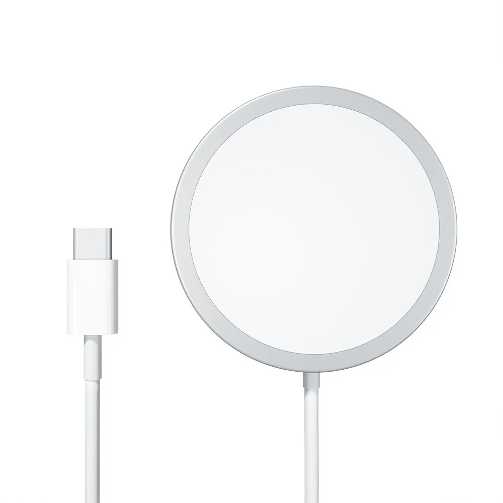 White metallic Magsafe wireless charger with pop-up window for iPhone 12-15 series
