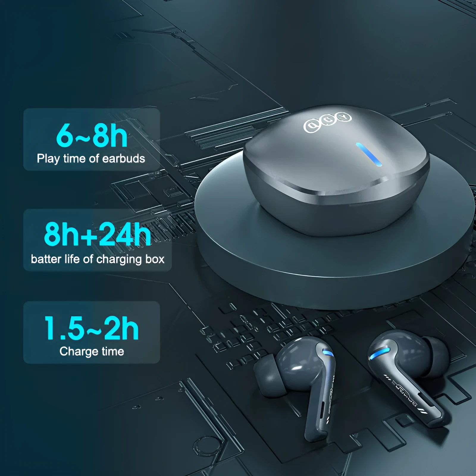 QCY-G1 in ear Bluetooth headset with charging case, blue and grey colours, low-latency gaming earbuds