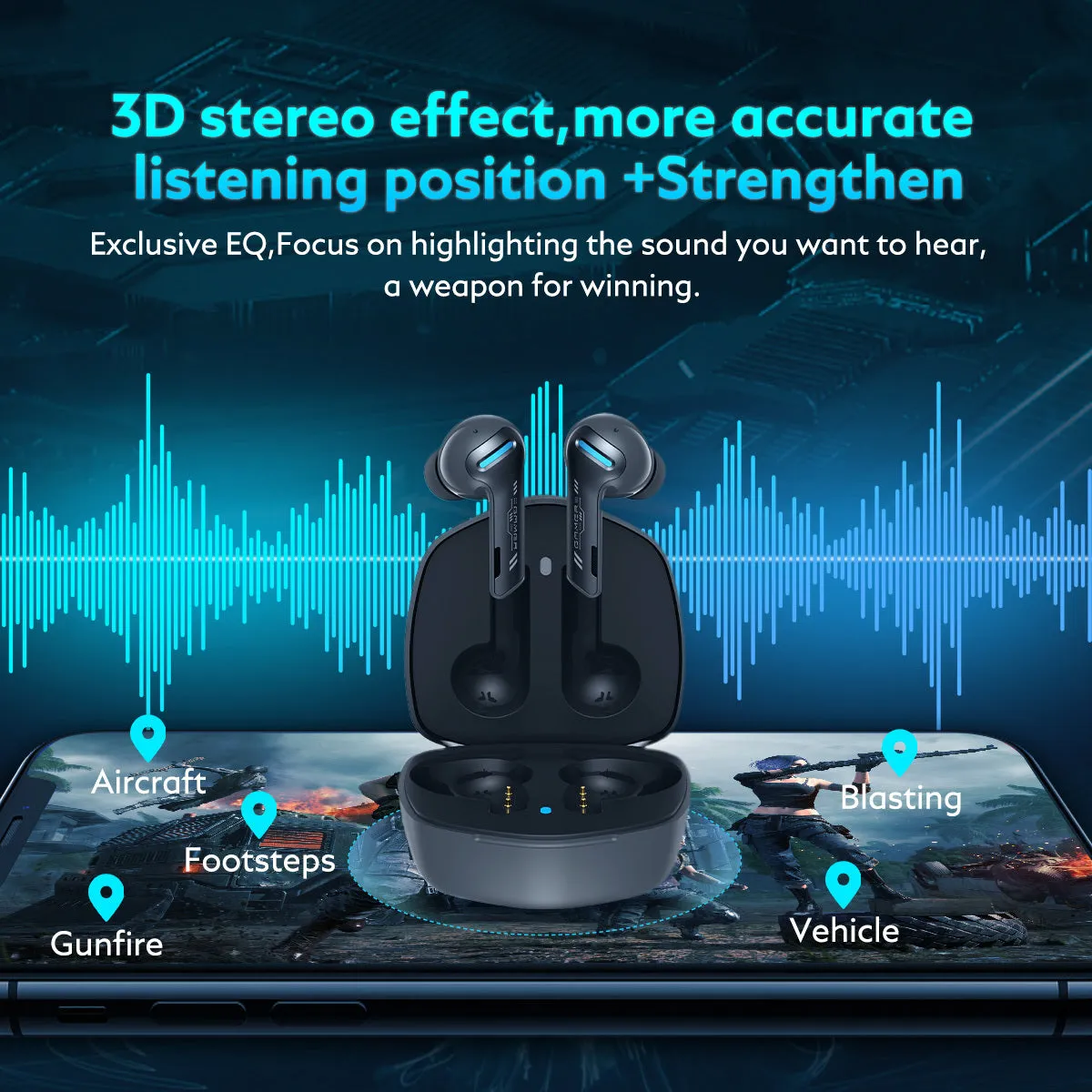 QCY-G1 in ear Bluetooth headset with charging case, blue and grey colours, low-latency gaming earbuds