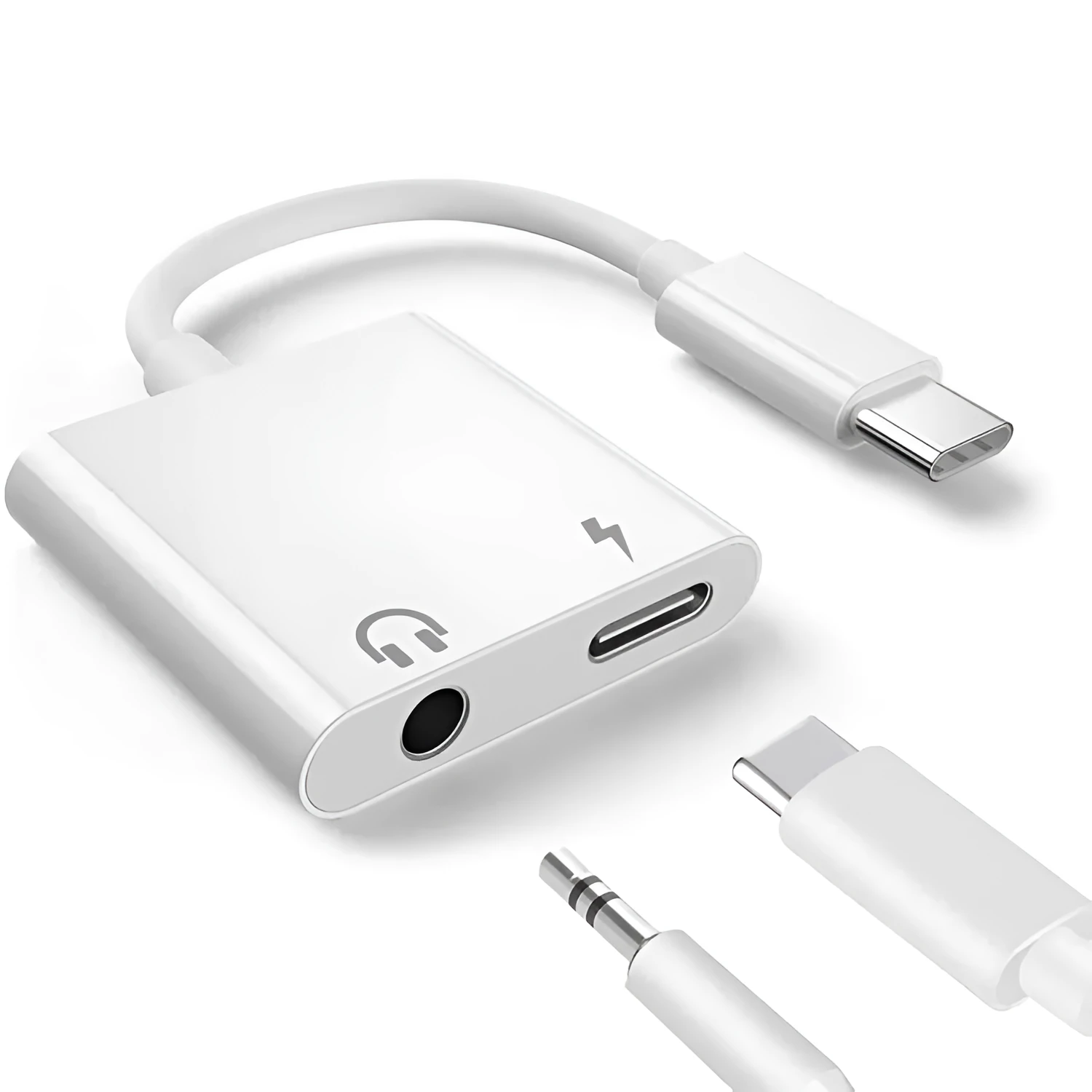 White Type C to 3.5mm audio adapter cable with DAC decoding, 9cm length