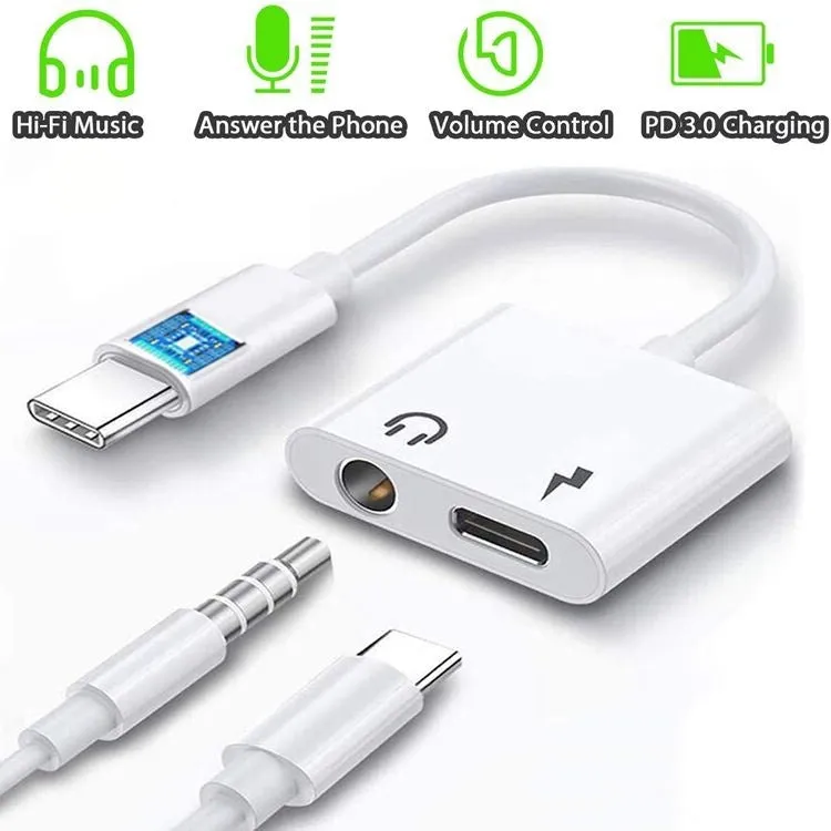 White Type C to 3.5mm audio adapter cable with DAC decoding, 9cm length