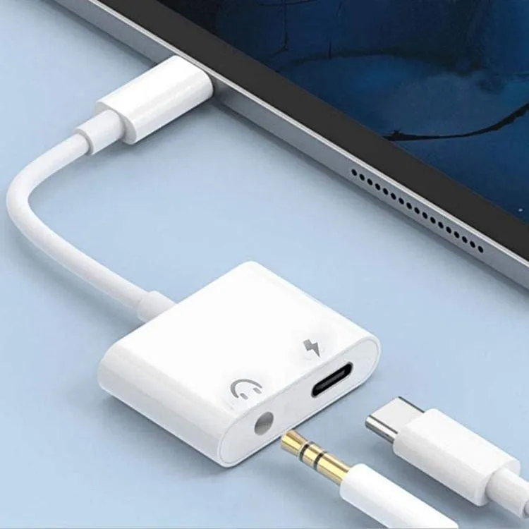 White Type C to 3.5mm audio adapter cable with DAC decoding, 9cm length