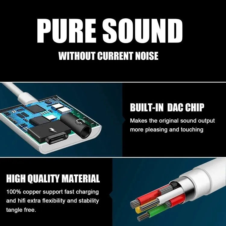 White Type C to 3.5mm audio adapter cable with DAC decoding, 9cm length