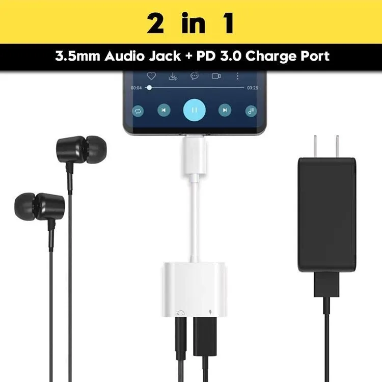 White Type C to 3.5mm audio adapter cable with DAC decoding, 9cm length