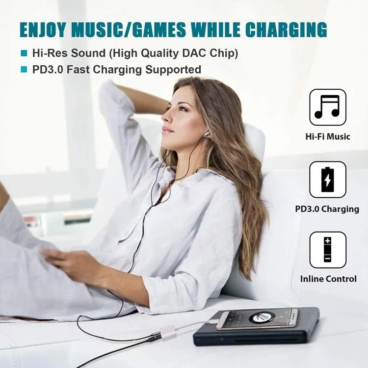 White Type C to 3.5mm audio adapter cable with DAC decoding, 9cm length