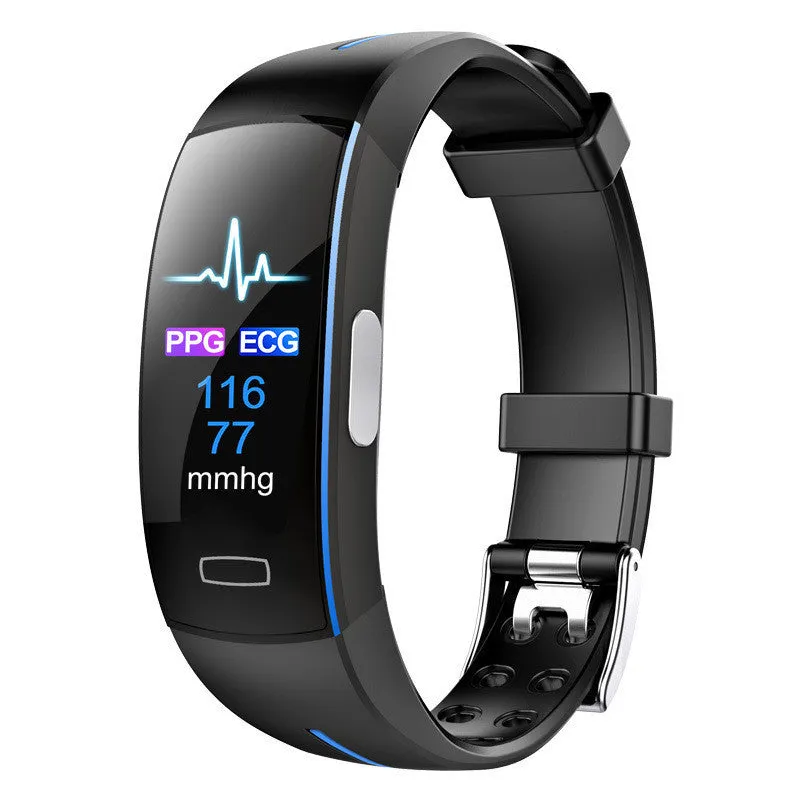 P3 smart watch with heart rate and ECG monitoring, OLED display, silicone wristband, black and blue colour