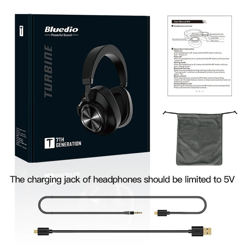 T7 Bluetooth wireless headset in black with adjustable headband and foam ear cushions