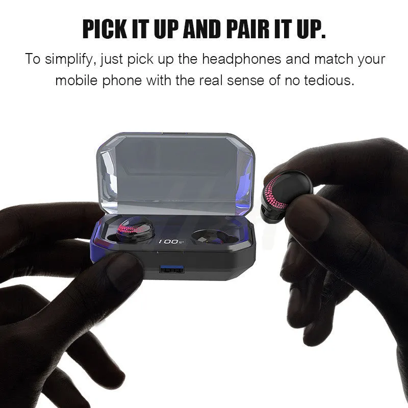 Black X10 Bluetooth wireless headset with a charging case on a white background.