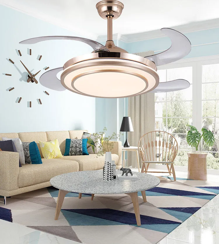 Full spectrum LED ceiling fan chandelier with invisible ABS blades in gold finish