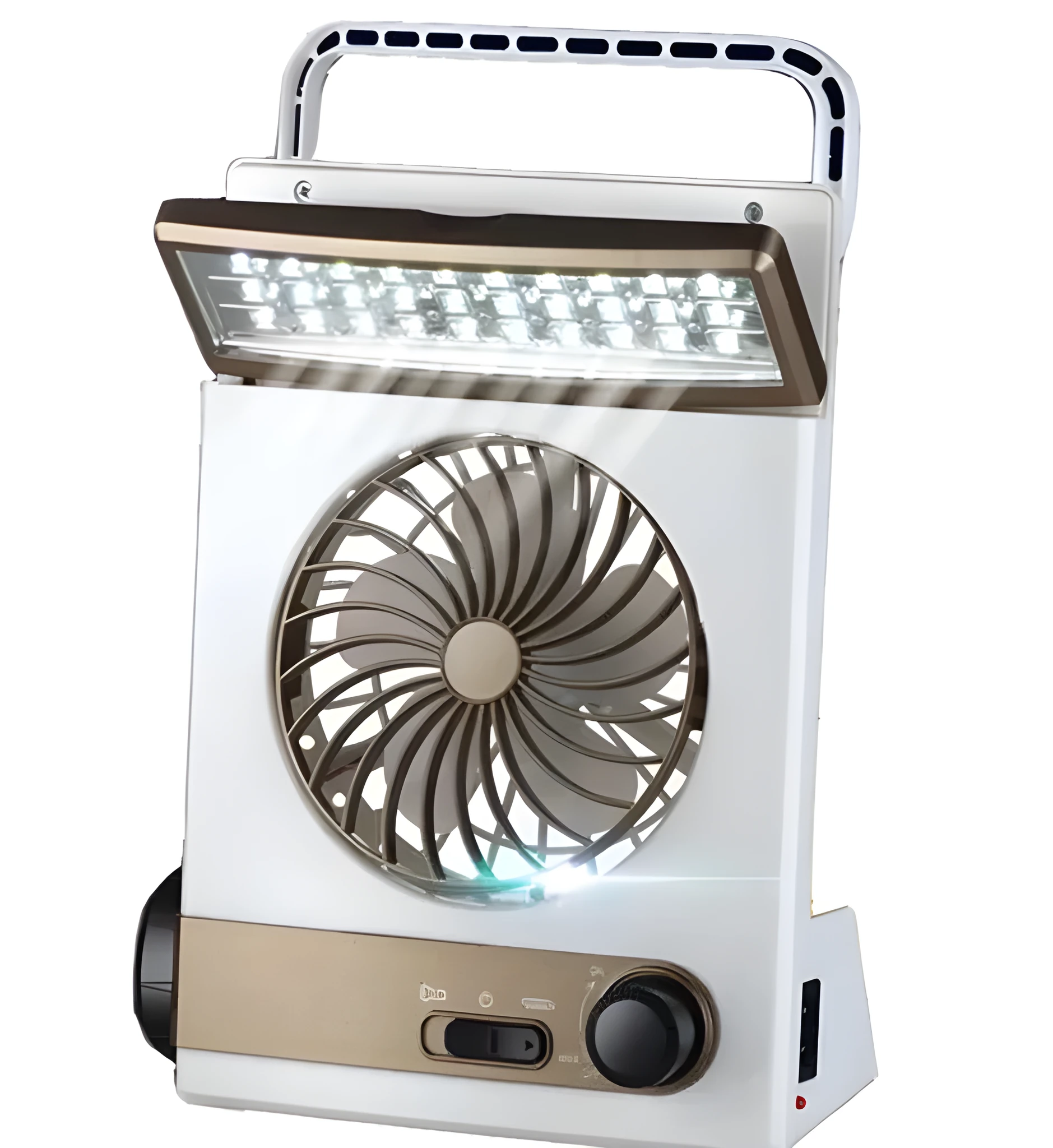 Solar charging camping light with mini fan and flashlight on a table