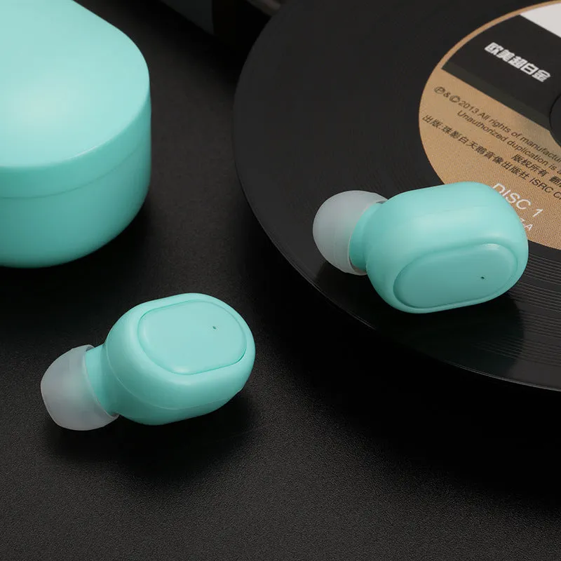 A6S mini wireless Bluetooth in-ear sports earbuds in matte black finish with charging case