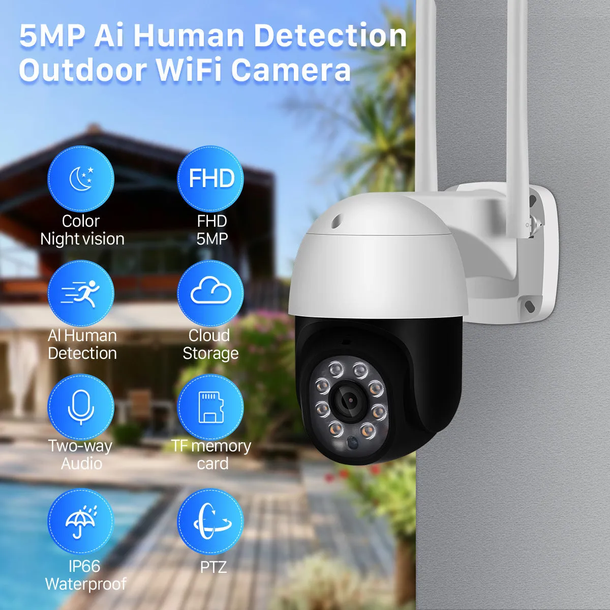 White 2-inch wireless surveillance camera with 5MP resolution and 6mm lens for outdoor monitoring
