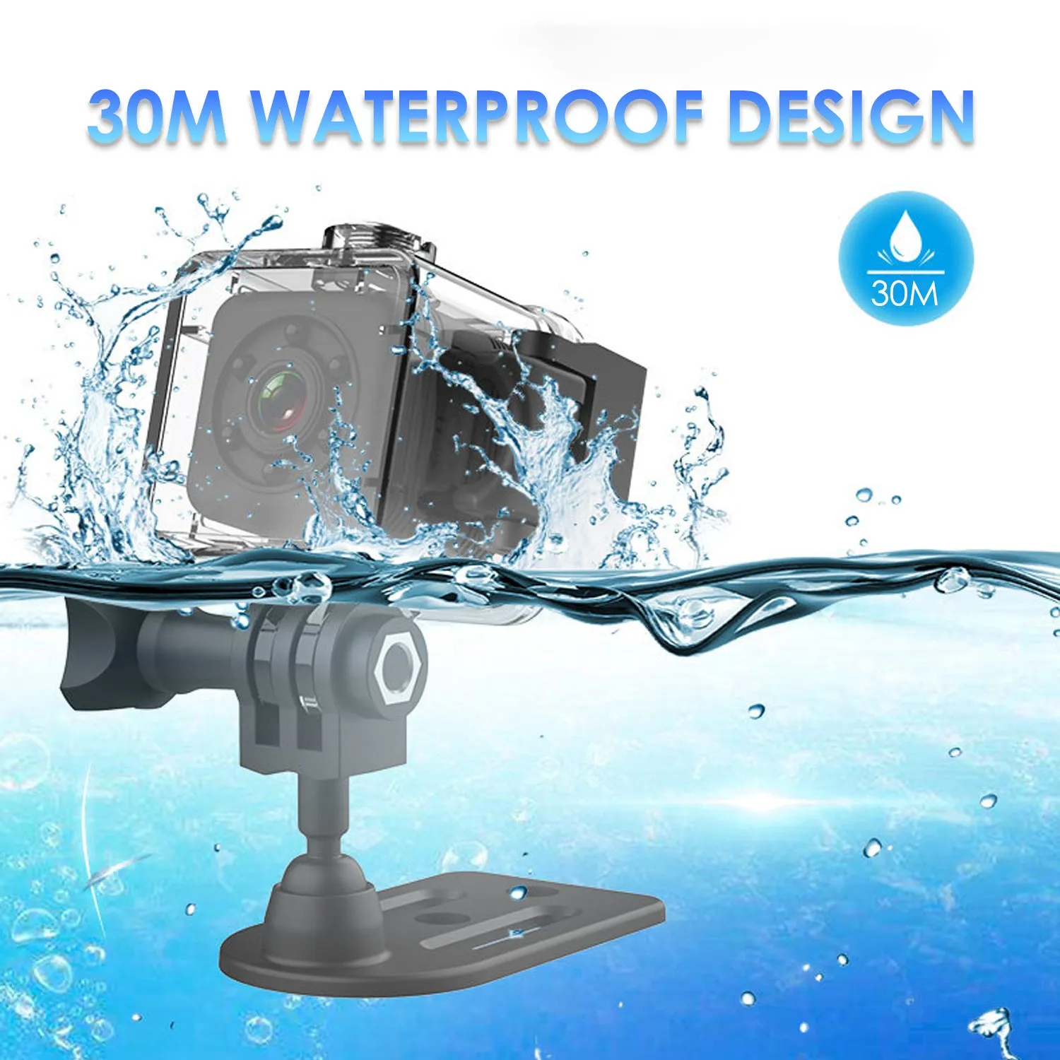 Black waterproof sports camera with MicroUSB port, shown with a 32GB memory card.