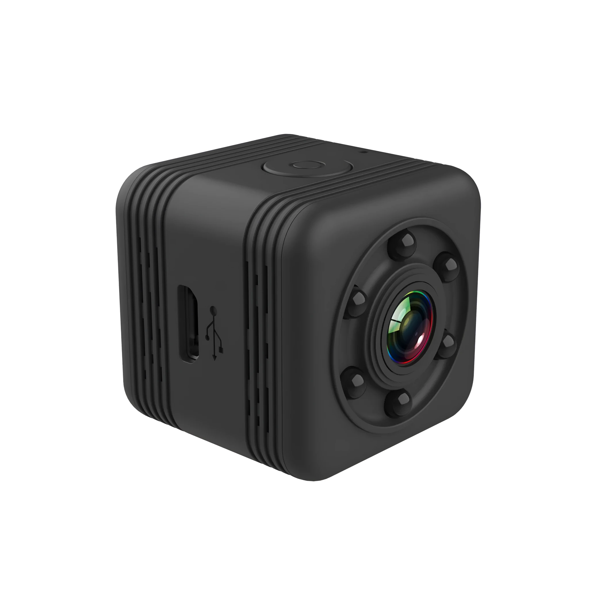 Black waterproof sports camera with MicroUSB port, shown with a 32GB memory card.