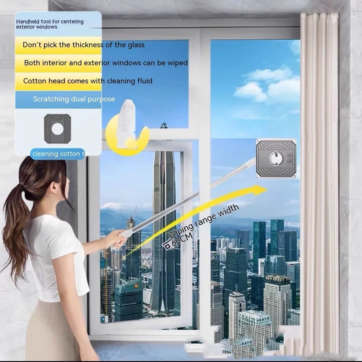 Benshang aluminium alloy double-sided glass wiper for high-rise outer windows with cotton head