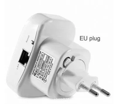 Black and white wifi signal booster repeater with network cable and multiple international plug types.